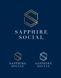 Sapphire Social gold and white logo variations on a navy background